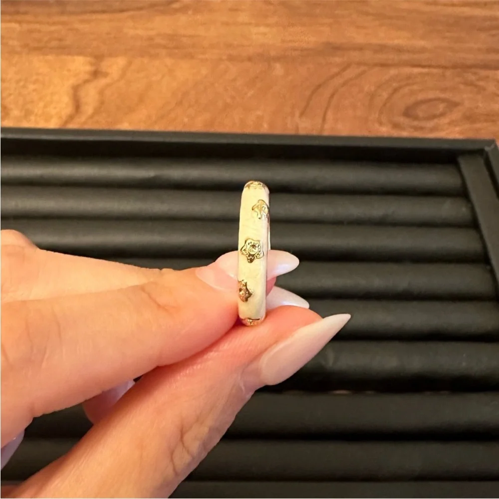 Women’s Vintage Enamel White Zircon Gold Flower Adjustable Ring Size 7.25